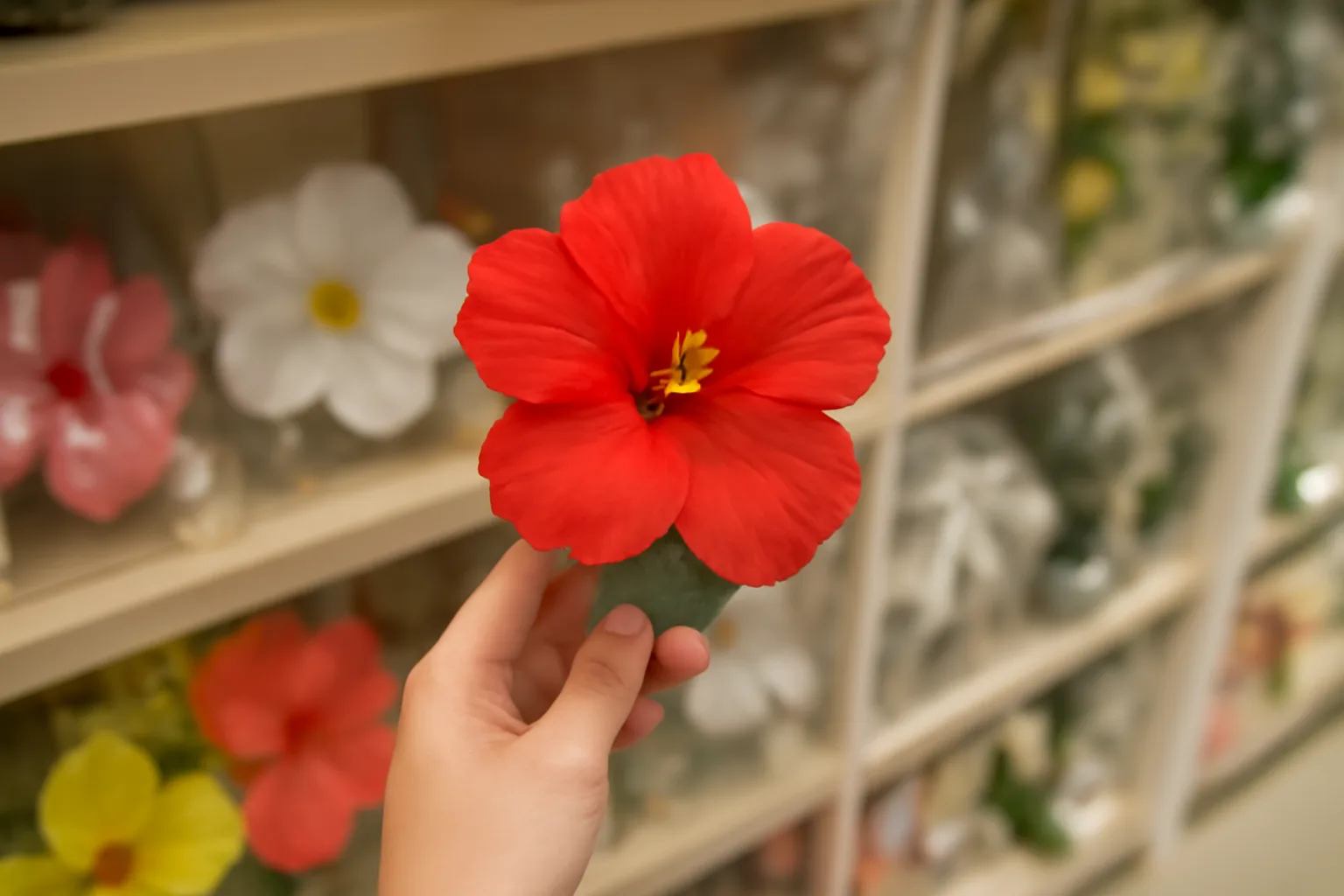 100均のハイビスカス髪飾り｜探し方と簡単DIY、落ちにくい付け方